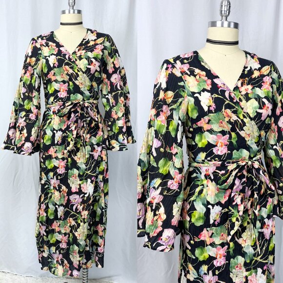 H&M pleated wrap dress floral tropical black green kimono coverup maxi medium - Picture 6 of 11